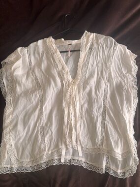 Free People Ivory Lace-Trim Tie Front Blouse